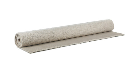 Rolled soft carpet on white background. Interior element