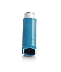 Portable asthma inhaler device on white background