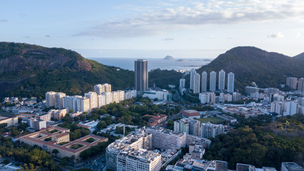 Fototapeta premium Aerial view on the drone cove of Botafogo in Rio de Janeiro, sea and boats in the late afternoon