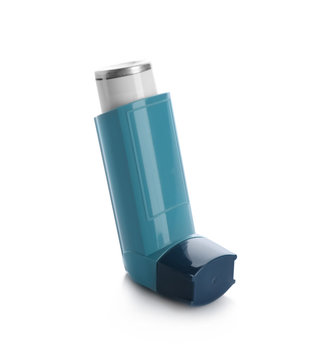 Portable asthma inhaler device on white background