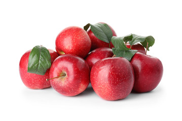 Heap of ripe juicy red apples on white background