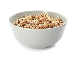 Cooked delicious quinoa in bowl isolated on white