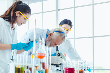 Fototapeta premium Science teacher and students team working with chemicals in lab