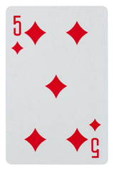 Playing card five of diamonds isolated on white