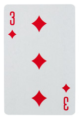 Playing card three of diamonds isolated on white