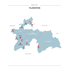 Obraz premium Tajikistan vector map. Editable template with regions, cities, red pins and blue surface on white background. 