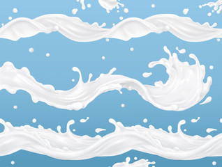 Milk splash wave seamless vector pattern. 3d realistic vector set. Package design