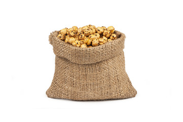turkish leblebi, famous nut,  yellow roasted chickpea in burlap sack, isolated on white background, roasted chickpeas
