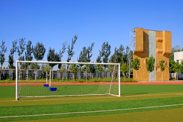 Football field and rock climbing facilities in a school