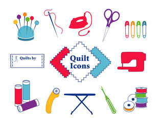 Quilt, patchwork, sewing, DIY icons, needle, thread, iron, scissors, safety pins, sewing label, fabric, sewing machine, pins, bobbins, rotary cutter, ironing board, seam ripper,  bobbins.