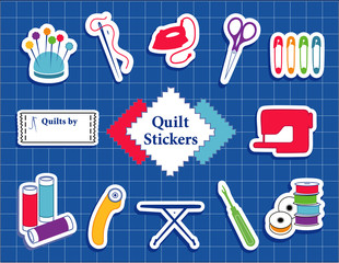 Quilt, patchwork, sewing, DIY stickers, pincushion, needle, thread, iron, scissors, pins, sewing label, fabric, sewing machine, bobbins, rotary cutter, ironing board, seam ripper, blue cutting mat