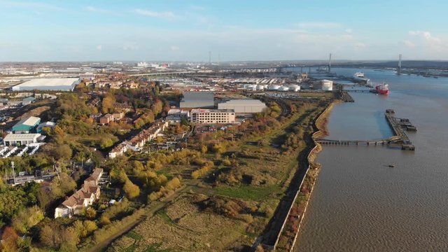 A panoramic view of the docks at Purfleet and the Dartford Crossing in the distance