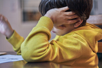 The male child is very concentrated doing his homework on the desk in his place