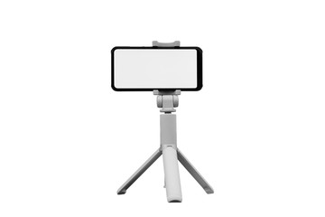 Mock up of smartphone with white screen and tripod, isolated on white background