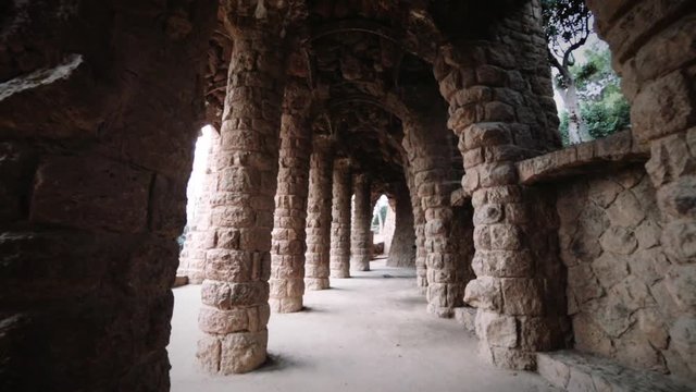 Detail of the hallway with columns and arches inside the Park G&uuml;ell of the Famous Gaudi architect.