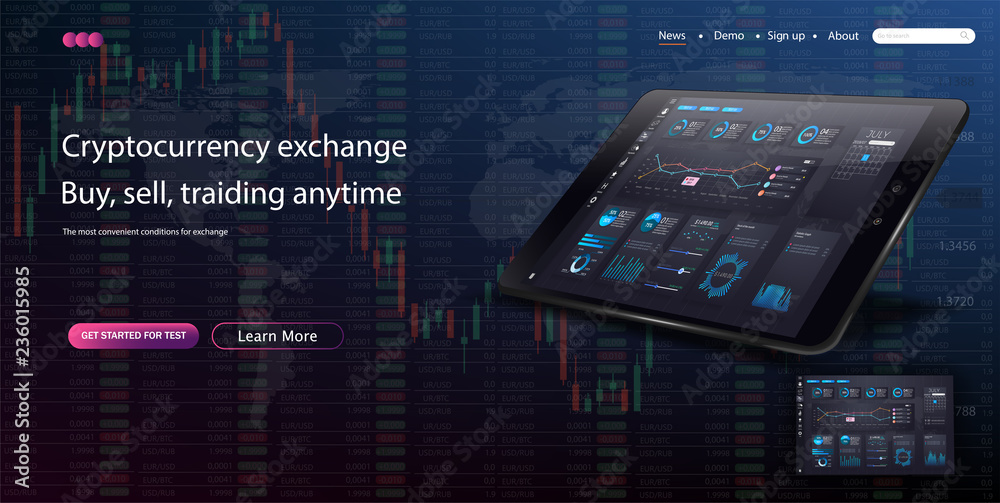 Poster web site template. forex market, news and analysis. binary option. application screen for trading. m