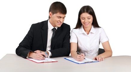 Coworkers Writing on Clipboard - Isolated