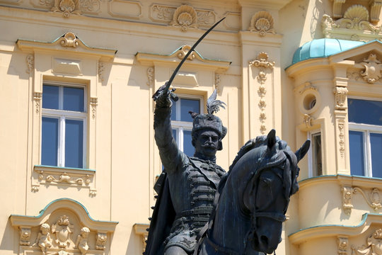 Historic statue of Croatian leader Ban Josip Jelacic on main square in Zagreb, Croatia.
