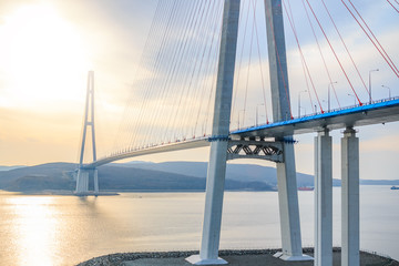 Suspended cable Russian bridge from the mainland of the Far-Eastern city of Vladivostok to the...