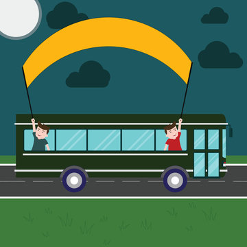 Business Empty template for Layout for invitation greeting card promotion poster voucher. Two Kids Inside School Bus Holding Out Banner with Stick on a Day Trip