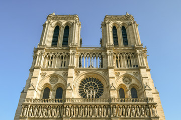 Fototapeta na wymiar Towers of the famous Notre Dame Cathedral, a medieval church on the Île de la Cité, widely considered to be one of the finest examples of French Gothic architecture