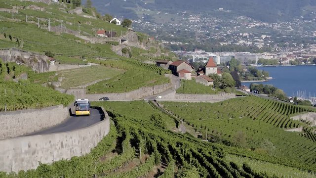 Aerial shot of typical Swiss "Postal" bus service in Lavaux vineyard, Switzerland