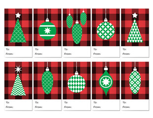 Christmas Gift Tags in Red Buffalo Check Plaid with Green Christmas Trees & Retro Style Tree Ornaments. Printable TO / FROM Xmas Gift Labels 2"x3.5". Template Letter Size 8.5"x11" / A4 Paper Sheet.