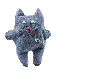 DIY toy cat made of blue jeans fabric