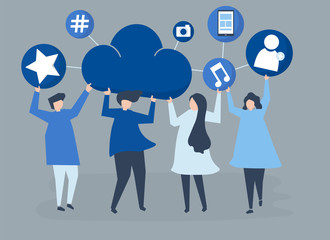 People holding cloud and social networking icons illustration