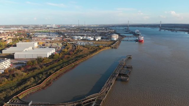 Flying over an empty dock on river thames at Purfleet