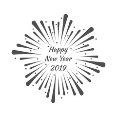 Happy New Year 2019. Vintage hand drawn sunburst festive label. Vector illustration