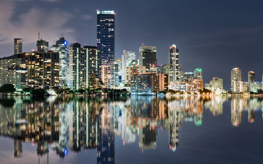 Miami Skyline reflection at Night Across Biscayne Bay