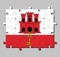 Jigsaw puzzle of Gibraltar flag in white and red stripe with three towered and hangs a gold key. Concept of Fulfillment or perfection.