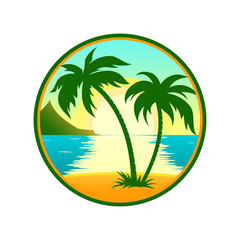 Fototapeta na wymiar Tropical beach with palm tree round icon