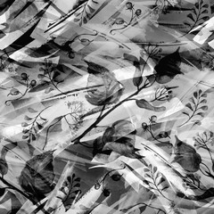  Seamless vintage pattern - branch of a linden, watercolor.splash of abstract paint,fashionable art background, shawl. Linden tree, linden flowers,  leaves. Abstract art illustration scenic background