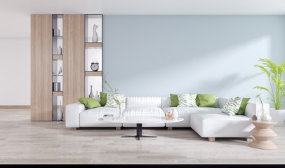 White sofa with Metal  shelf on blue wall and wooden floor in  living room interior,Modern and minimalist concept design,3d render