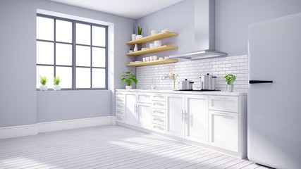 Modern kitchen white room interior, Scandinavian style .3drender