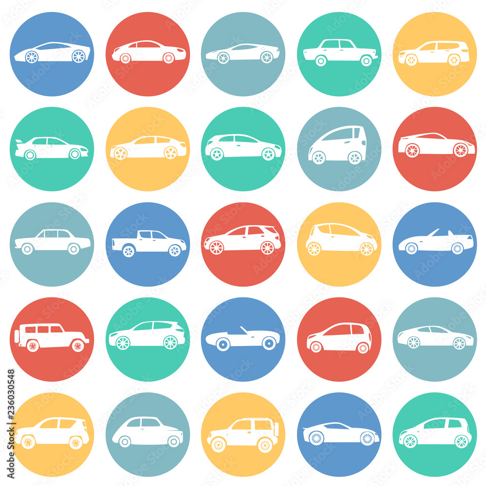 Poster cars collection icons set on color circles background for graphic and web design, modern simple vect