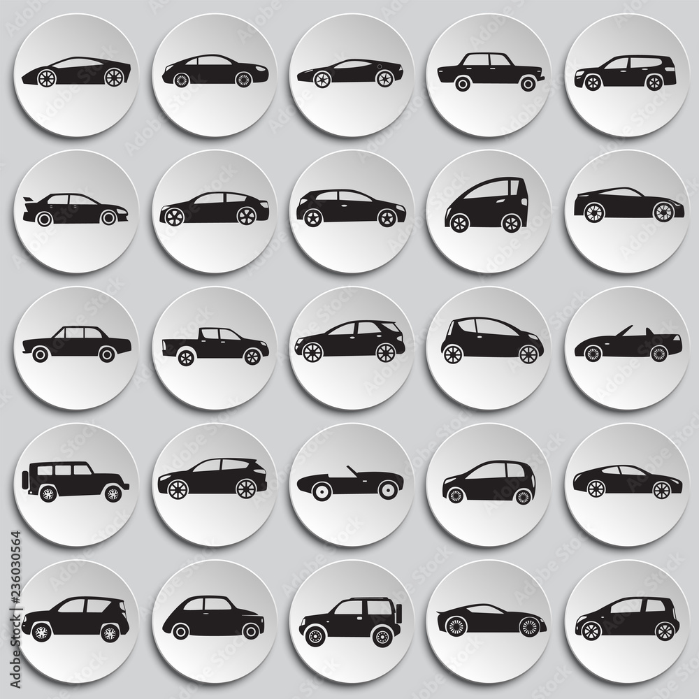 Poster cars collection icons set on plates background for graphic and web design, modern simple vector sign
