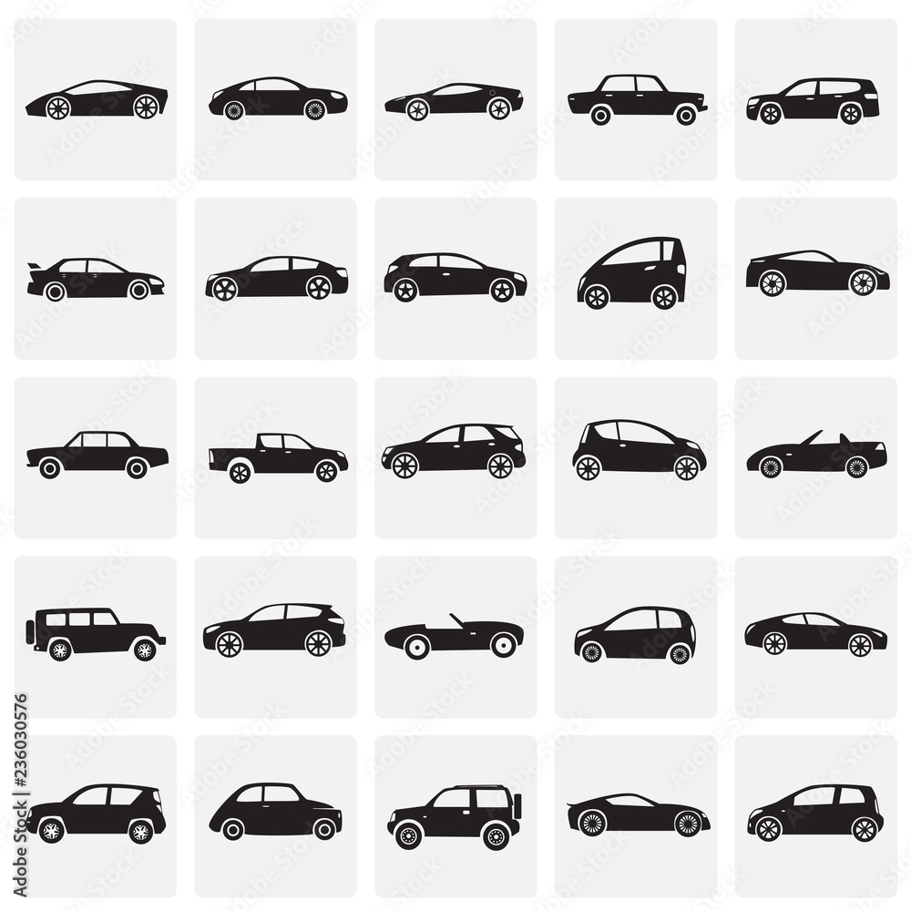 Poster cars collection cions set on squares background for graphic and web design, modern simple vector sig