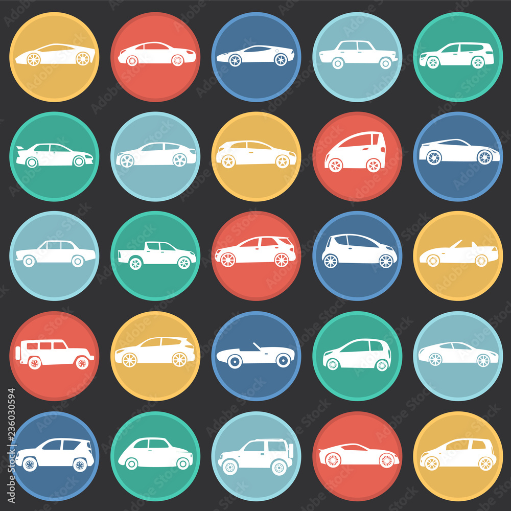 Poster cars collection icons set on color circles black background for graphic and web design, modern simpl