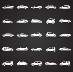 Naklejka premium Cars collection icons set on black background for graphic and web design, Modern simple vector sign. Internet concept. Trendy symbol for website design web button or mobile app.