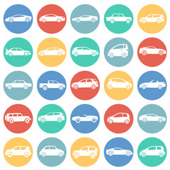 Cars collection icons set on color circles background for graphic and web design, Modern simple vector sign. Internet concept. Trendy symbol for website design web button or mobile app.