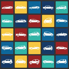 Cars collection icons set on color squares background for graphic and web design, Modern simple vector sign. Internet concept. Trendy symbol for website design web button or mobile app.