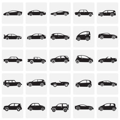 Cars collection cions set on squares background for graphic and web design, Modern simple vector sign. Internet concept. Trendy symbol for website design web button or mobile app.