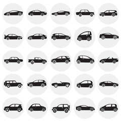 Cars collection icons set on circles background for graphic and web design, Modern simple vector sign. Internet concept. Trendy symbol for website design web button or mobile app.