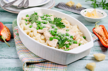 Traditional pasta with chicken slices