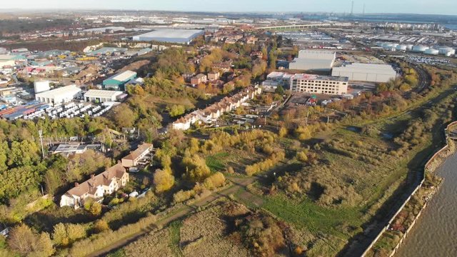 Flying over a residential area close to the docks at Purfleet and the industrial area in the distance