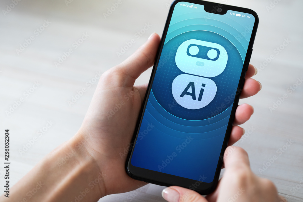 Poster ai artificial intelligence deep machine learning concept. robot icon on mobile phone screen.