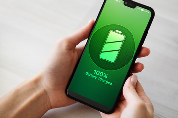 Mobile phone battery full charged indicator icon on screen.